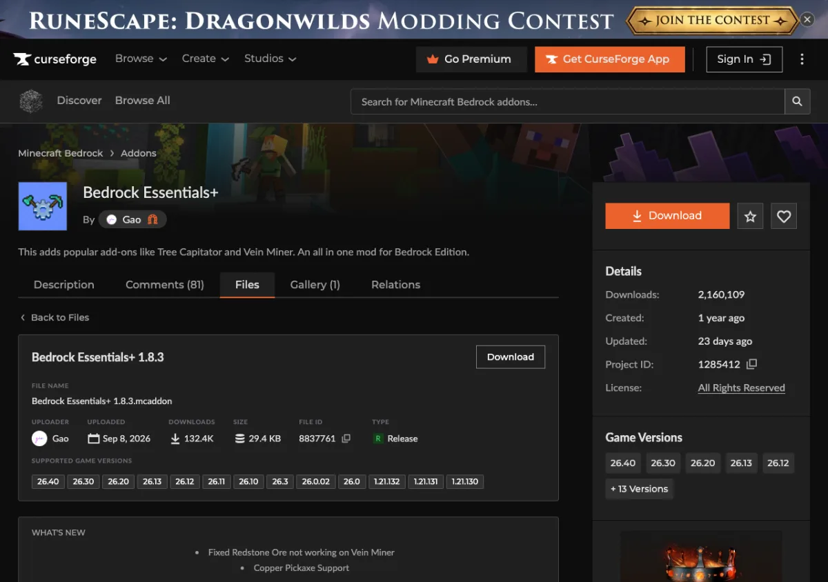 Page du fichier Bedrock Essentials+ 1.8.3 sur CurseForge, avec le bouton Download et les versions supportées