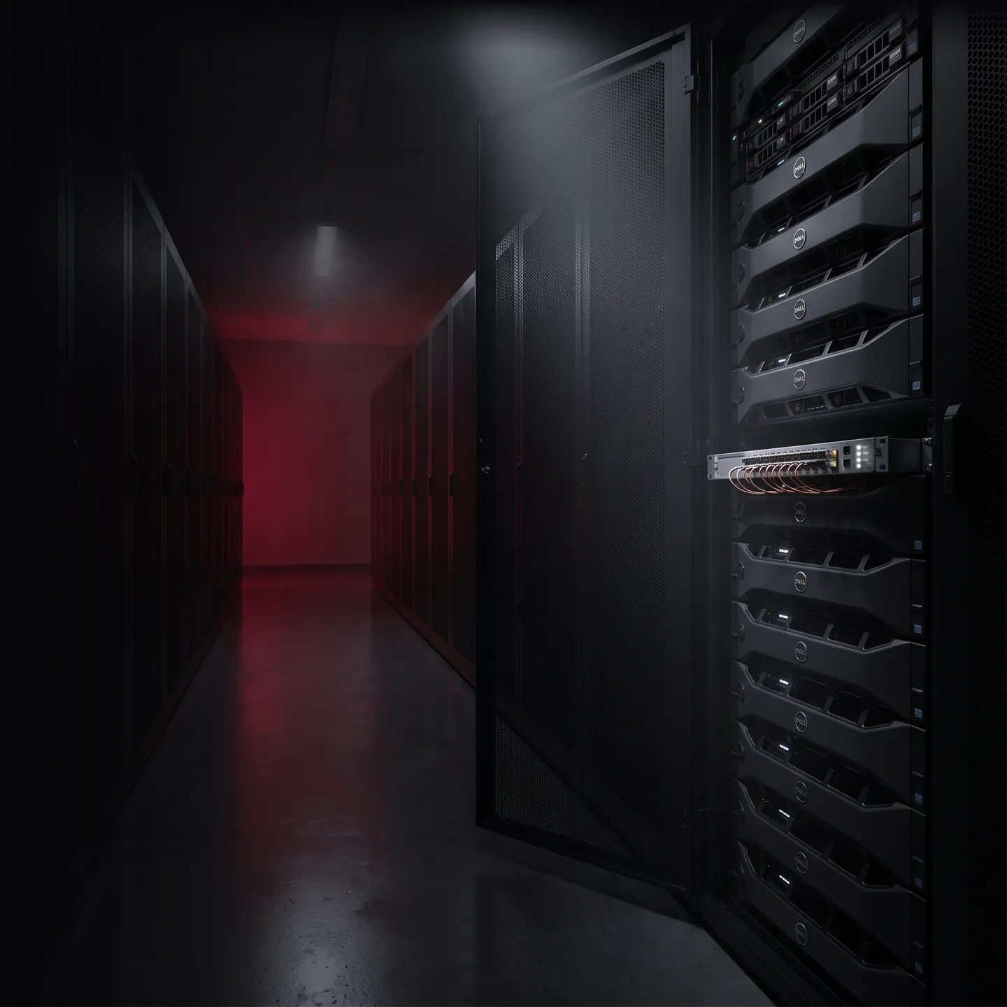 Dunkler Gang in einem Rechenzentrum: Im Serverrack ist nur das Filtergerät beleuchtet