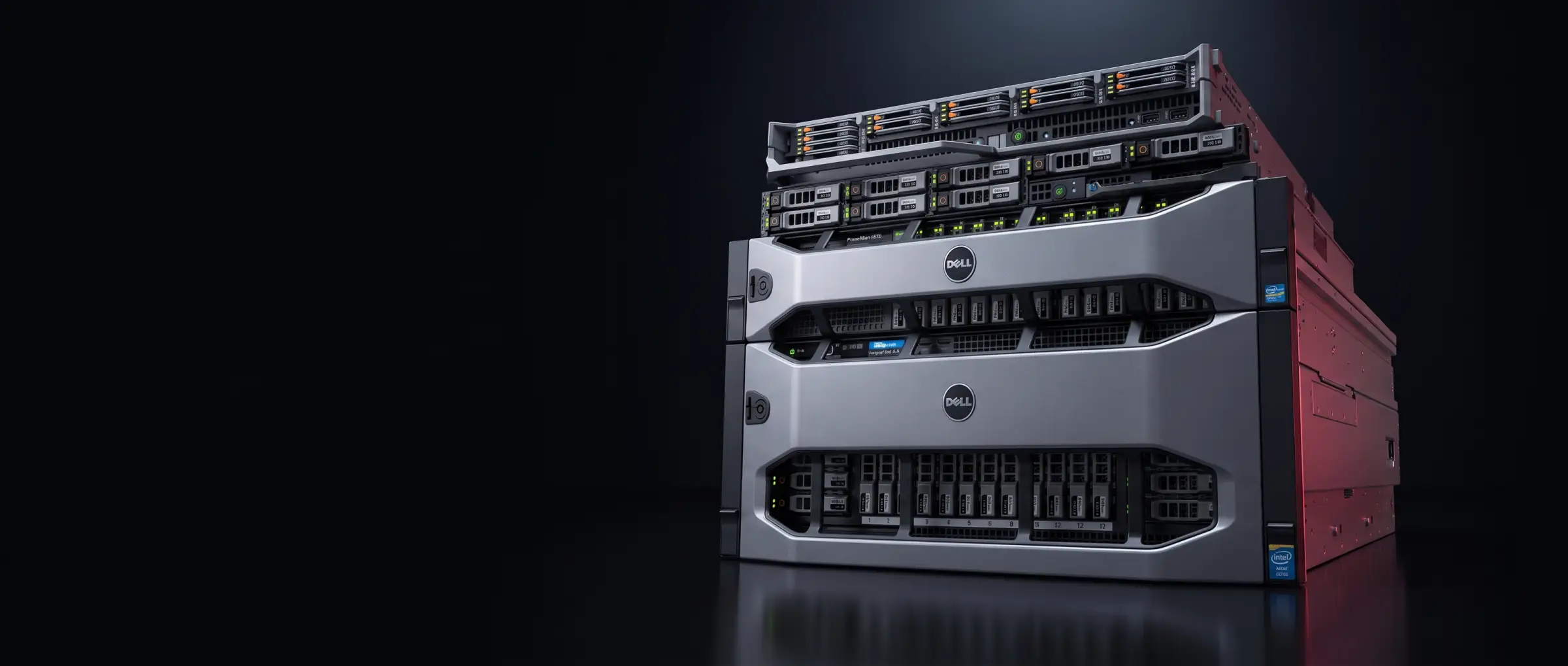 Stacked Dell PowerEdge rack servers, under red lighting