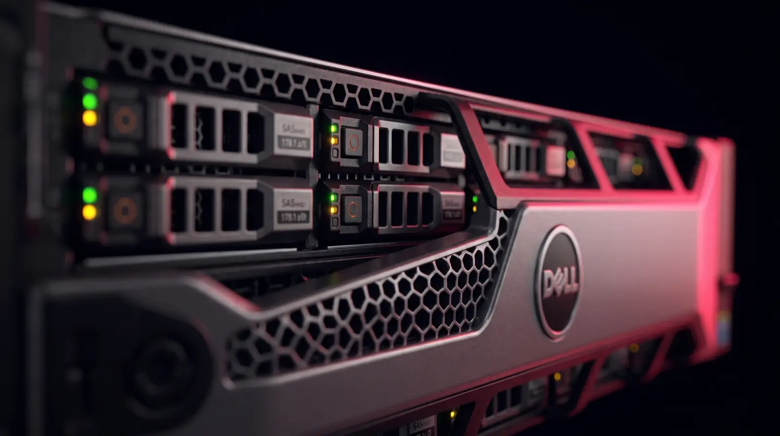 Front of a Dell PowerEdge server, drive lights on